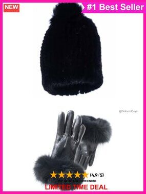Lambskin Leather Gloves with Fox Fur Cuffs and Knitted Beanie with Mink Fur Pom